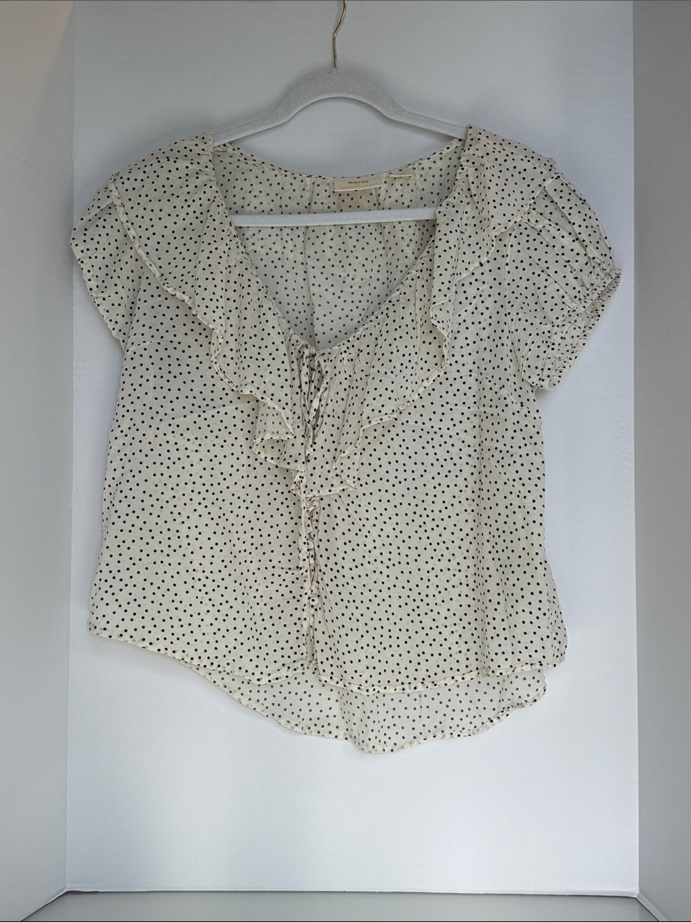 Anthropologie Maeve Cream Blouse with Black Polka Dots and Ruffle Tie